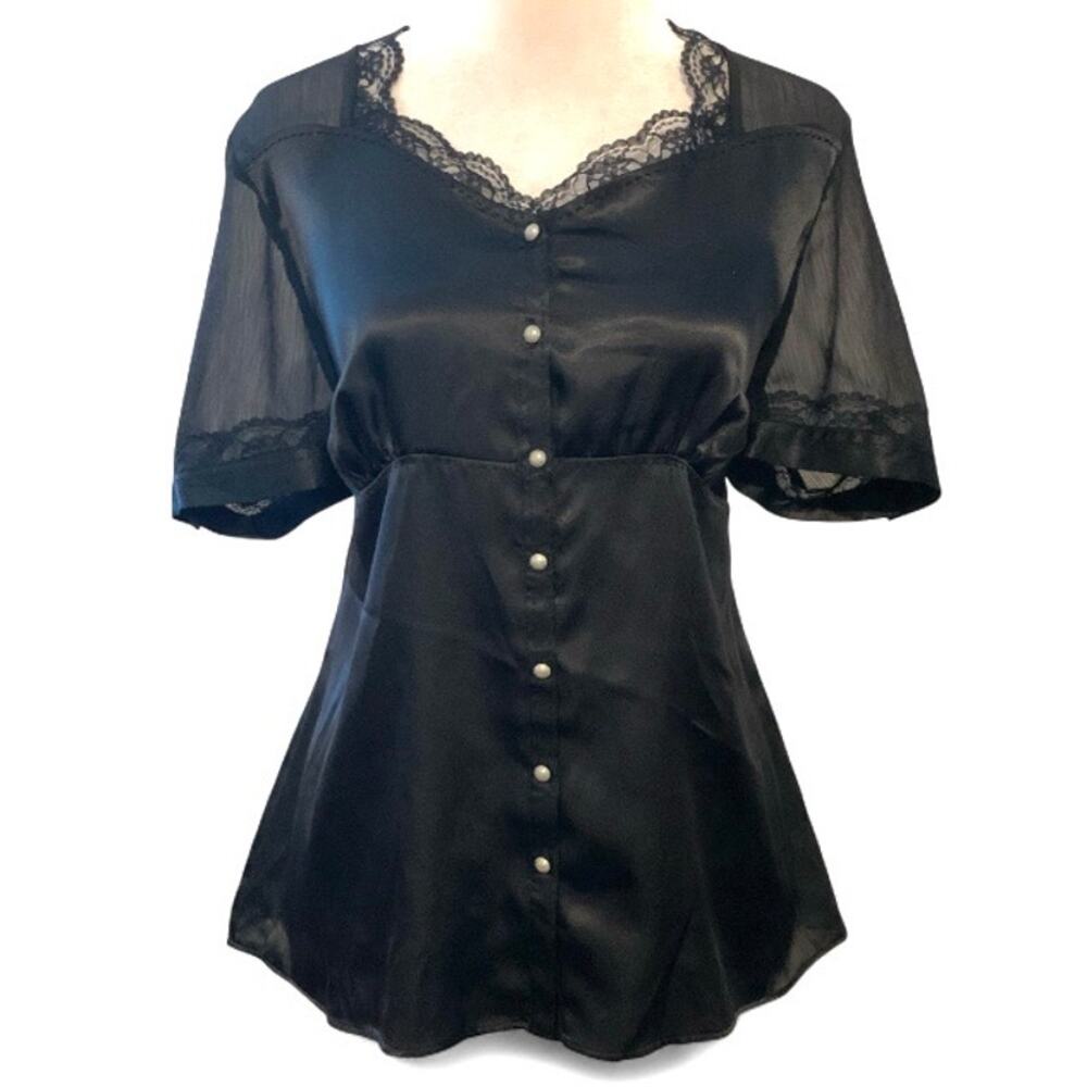 Apostrophe Y2K Black Satin Goth Blouse – Sheer Sleeves Lace V-Neck Medium